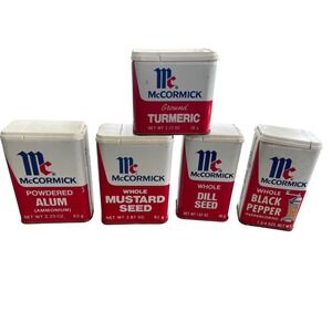 VTG McCormick Spice Tins Lot of 5 1970s Metal Containers Turmeric Alum Pepper